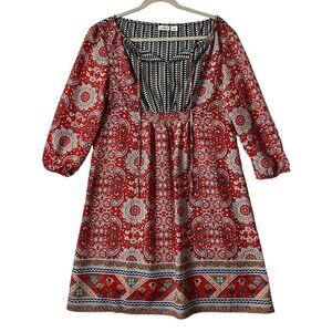 Cato Women Red Paisley Floral Elastic Waistband Boho Peasant Dress Sz Medium